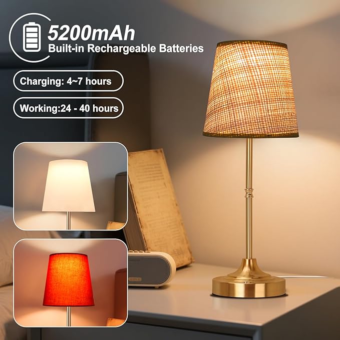 Portable Cordless Table Lamp 5200mAh Rechargeable Battery Powered Lighting, Three Color Dimmable Light, Fabric Shade Desk Lamp for Dining Room, Bedroom, Bedside, Bar, Night Light, Balcony - Bloomnest