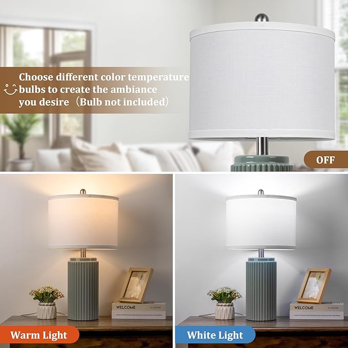 TOBUSA 23.5’’ Modern Green Ceramic Table Lamps Set of 2 for Living Room, Farmhouse Ceramic Bedside Nightstand Lamps for Bedroom, Vintage Decorative Boho Lamps for Home End Table Dorm Office - Bloomnest