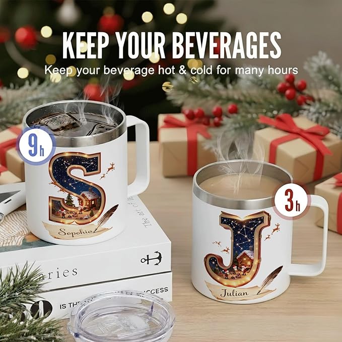 Personalized Christmas Mug | Custom Storybook Initial Insulated Coffee Cup with Handle & Lid | 12oz Magical Holiday Tumbler, Unique Gift for Readers & Kids (B18) - Bloomnest