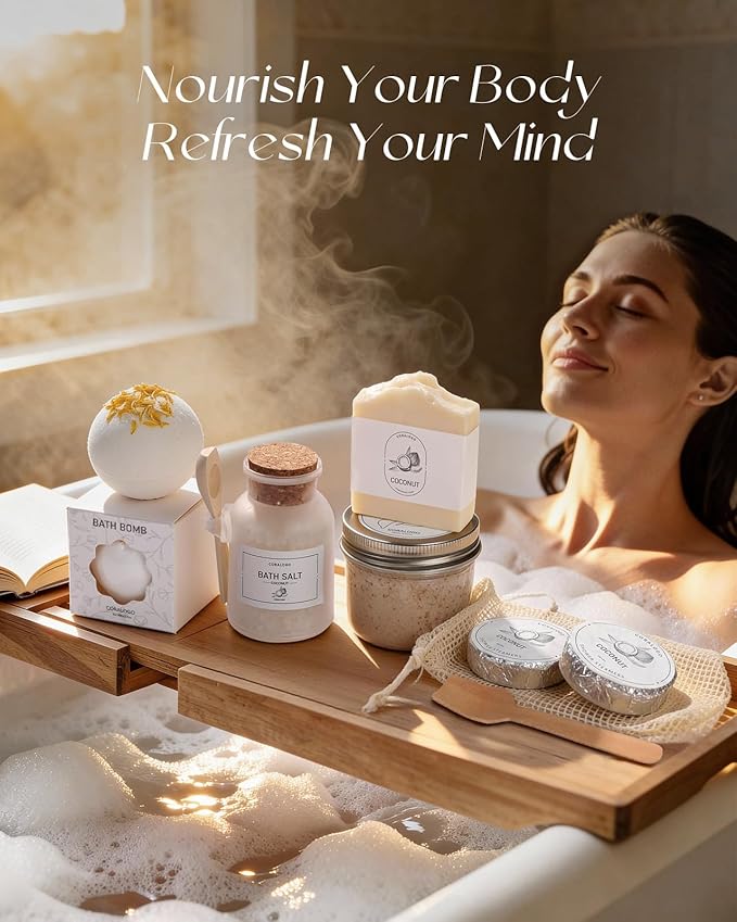 Coralogo Coconut Spa Gifts for Women - 12pc Self-care Spa Gift Basket with Bath Salt, Greeting Card - Thinking of You Basket for Her Birthday, Christmas, Mother's Day, Valentine's Day - Bloomnest