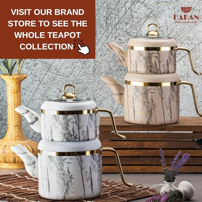 Hakan Melody Turkish Tea Pot Set | 3.5 L Tea Kettles for Stovetop with Stainless Steel Handless and Glass Lid | Aluminum Body Tea Maker | Double Stovetop Kettles with Granite Cover, White 3.6 qt - Bloomnest
