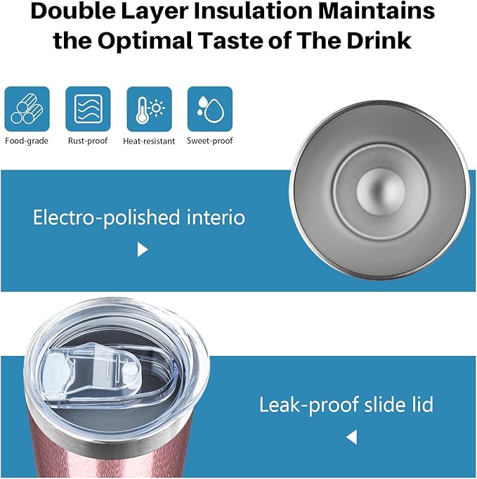 20 oz Skinny Tumblers with Lid and Straw,Stainless Steel Vacuum Insulated Tumbler Cup Double Wall Travel Coffee Mug, Thermal Water Tumbler for Hot and Cold Drinks(Rose Gold,8)