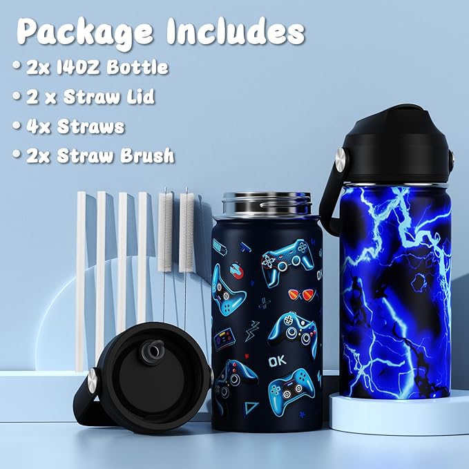 14oz Kids Insulated Water Bottle with Straw Lid - 18/8 Stainless Steel Kid Cup Travel Tumbler Double Wall Vacuum Leak Proof Portable Toddler Water Bottle (Lightning+Game） - Bloomnest