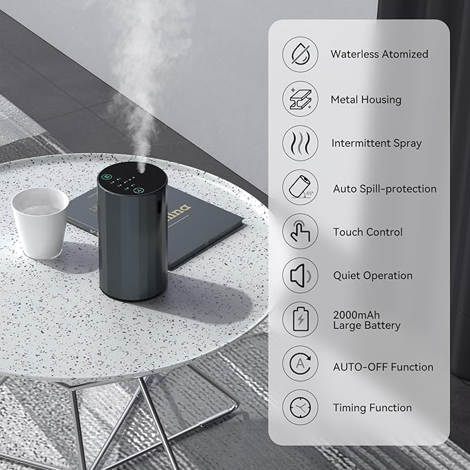 Waterless Essential Oil Diffuser Aromatherapy Scent Diffusers for Home Large Room, Bedroom, Car, Office, Desk, Battery Operated Mini Portable Air Freshener (Grey) - Bloomnest