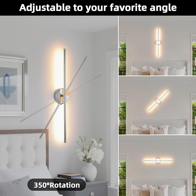 Battery Operated Wall Sconce Set of 2, Chrome 27.5" LED USB Rechargeable dimmable Wall Sconce with Remote Control, Rotate 350° for Living Room, Bedroom, Hallway and scones Lighting - Bloomnest