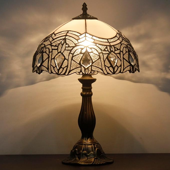 WERFACTORY Tiffany Lamp White Bent Stained Glass Bedside Table Lamp Desk Reading Light 12X12X18 Inches Decor Bedroom Living Room Home Office S508W Series - Bloomnest