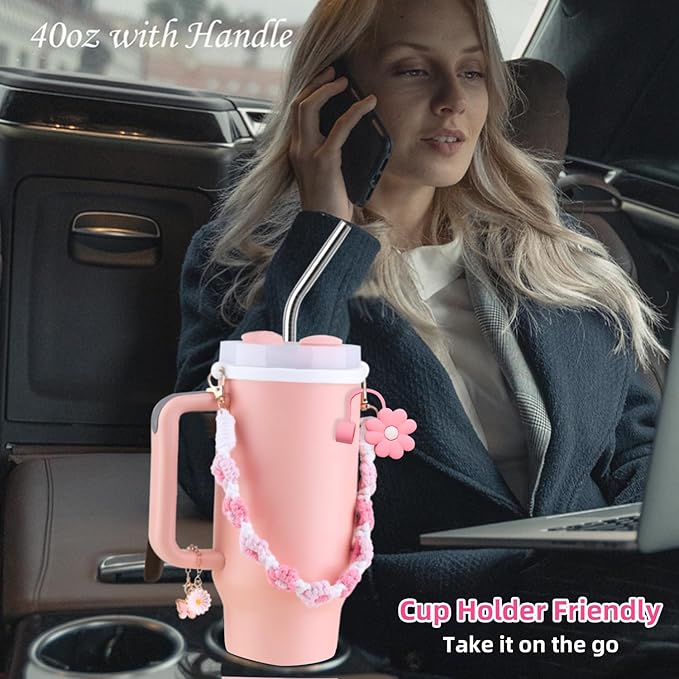 40 oz Tumbler Insulated Mug w/Straw & Flip Cap Lids - Cup Holder Bottle with 6 Accessories Set for Hot, Cold Drink - Leak-Proof - Water, Coffee Portable Travel Mug (Coral) - Bloomnest