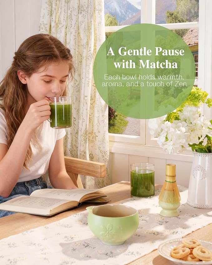 ZENS Matcha Whisk Set, Ceramic Matcha Tea Set with 15oz Sakura Bowl and Bamboo Whisk & Scoop, (Chasen Holder), Stainless Sifter-Tea Towel, 6pcs Matcha Kit for Matcha Lovers, Green - Bloomnest