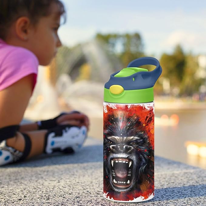 King Kong Kids Water Bottle with Straw Lid Insulated Tumbler with Handle Stainless Steel Reusable Toddlers Cup for Kids Boys 12 oz - Bloomnest
