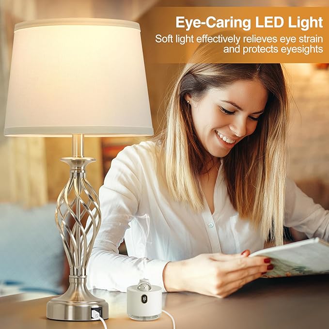 Table Lamp for Bedroom Set of 2 with USB C+A Ports, Modern Bedside Lamps with Spiral Cage Base, White Fabric Shade, Nightstand Lamp for Living Room Reading Bed Side End Table, 2 LED Bulbs Included - Bloomnest
