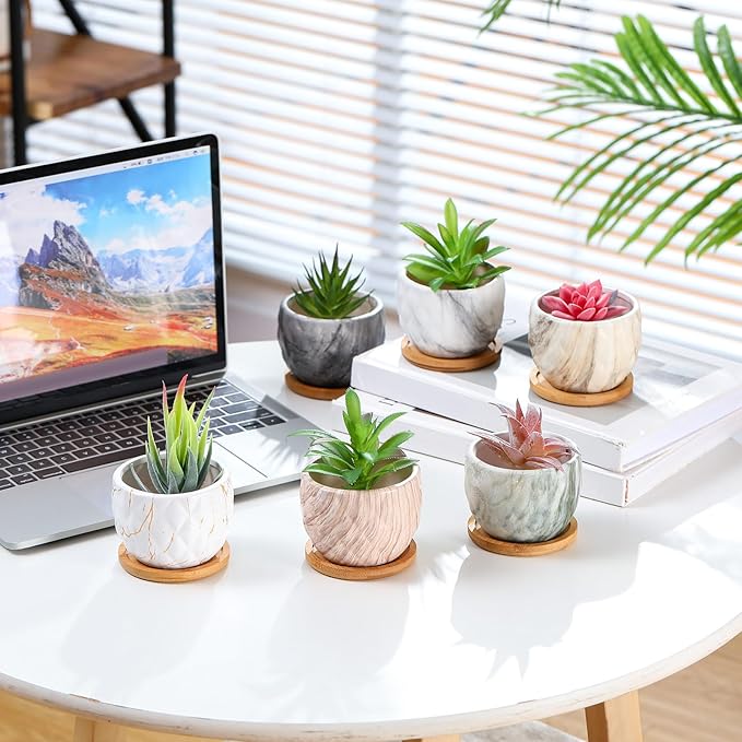 Marbling Ceramic Flower Pot 3.35 Inch Succulent Small Plant Cactus Herbs Planter Ceramic Pot with Drainage Hole Matte Round Container(6 Pcs,Elegance Style) - Bloomnest