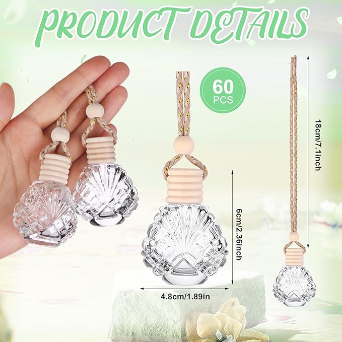 60 Pcs Hanging Car Air Freshener Car Diffuser Bottle Empty Glass Perfume Bottles Air Freshener Diffuser Bottle Pendant for Essential Oils Fragrance Aromatherapy Ornament Decor (Shell) - Bloomnest