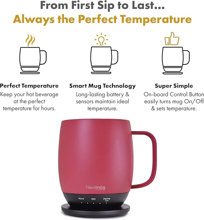Nextmug - Temperature-Controlled, Self-Heating Coffee Mug (Dusty Rose - 14 oz.) - Bloomnest