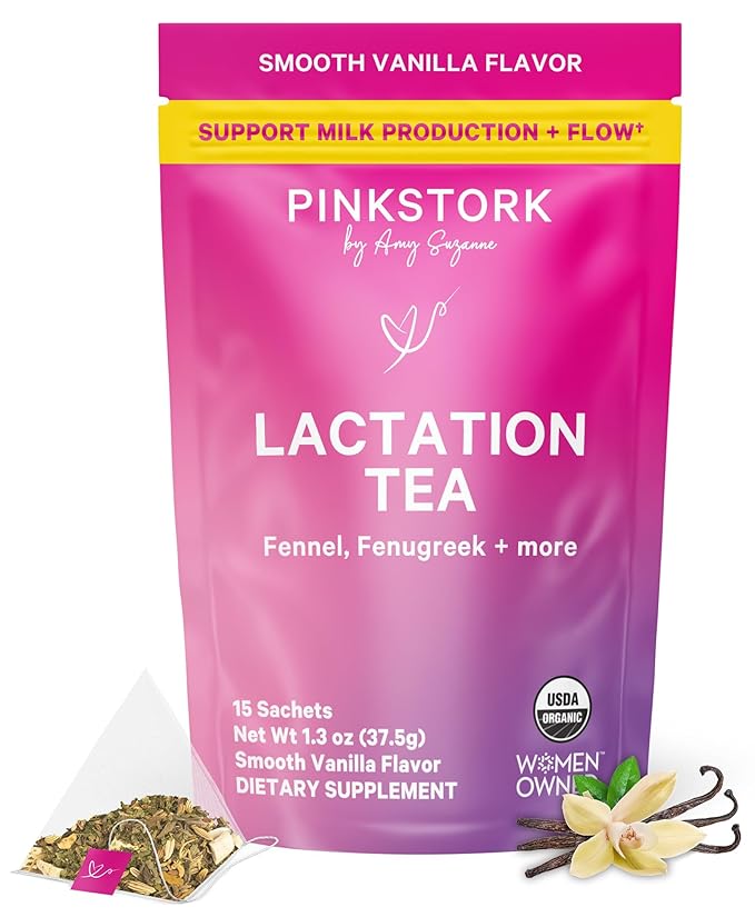 Pink Stork Organic Lactation Tea – Fenugreek, Fennel, Milk Thistle + More – Support for Breastfeeding, Pumping, Hydration, Milk Flow – Smooth Vanilla – 15 Sachets, Caffeine-Free - Bloomnest