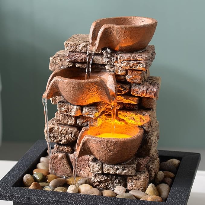 Indoor Tabletop Fountain 3-Tier Rockery Relaxation, Soothing Sound Home/Office/Bed Room Decor,Gifts for Mom/Grandma Relaxing Waterfall Meditation Tabletop Fountain LED Lights - Bloomnest