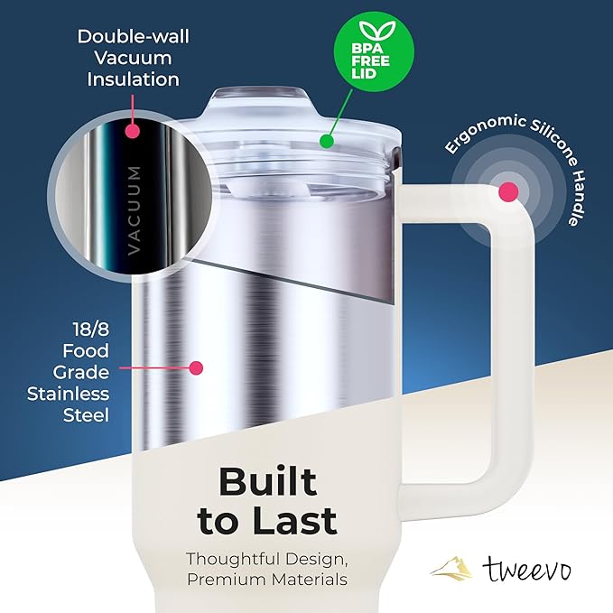 40 oz Tumbler With Handle and Straw Made of Stainless Steel - Double Wall Vacuum Insulated Tumbler With Lid - Sweat Proof Easy Grip, BPA-Free, Dishwasher Safe Tumbler (Cream) - Bloomnest