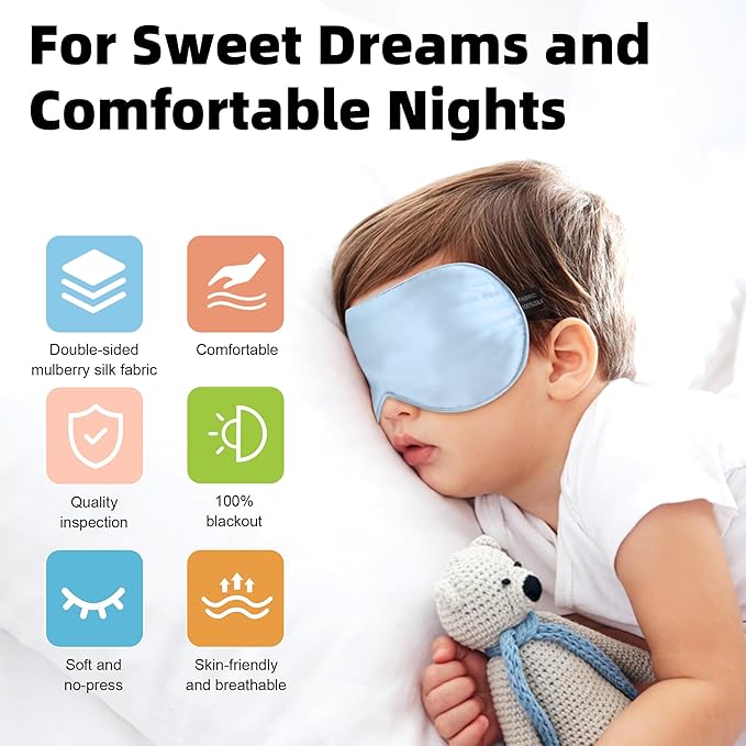 Silk Sleep Eye Mask for Kids, 100% Real Natural Pure Silk Sleeping Masks, Blindfold Sleep Eye Cover with Adjustable Strap, Soft & Lightweight Night Eyeshade for Boys Girls Teens (2 Pack)