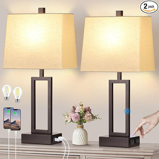 Touch Control Table Lamps Set of 2, Modern Brown Bedside Lamps with USB A+C Ports & AC Outlet, 3 Way Dimmable Contemporary Nightstand Lamps for Bedroom Living Room(LED Bulb Included) - Bloomnest