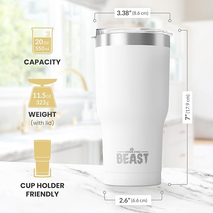 BEAST Insulated Coffee Mug – 900 ml I Arctic White I Stainless Steel I Reusable, Insulated Cups I 2 Straws and Cleaning Brush, Double Walled Travel Coffee Thermos I Hot or Iced Coffee - Bloomnest