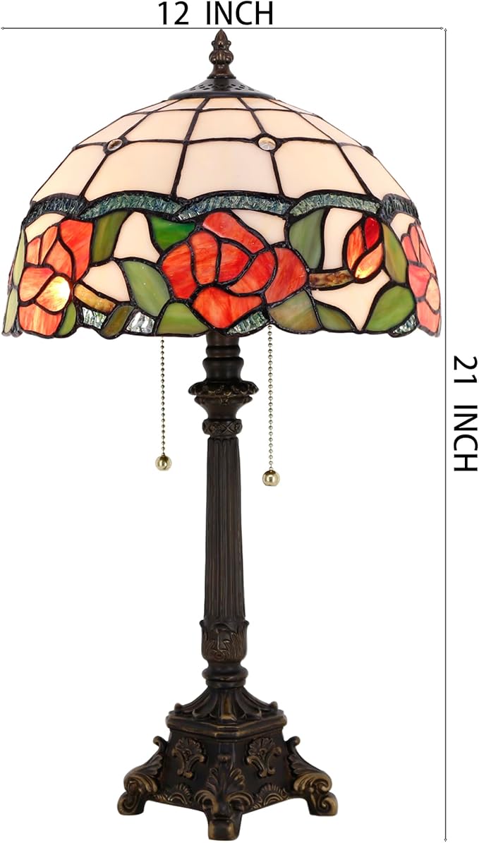 Tiffany Lamp Rose Flower Style Stained Glass Table Lamp Desk Reading Light 12X12X21 Inches with Resin Base Decor Bedroom Living Room - Bloomnest
