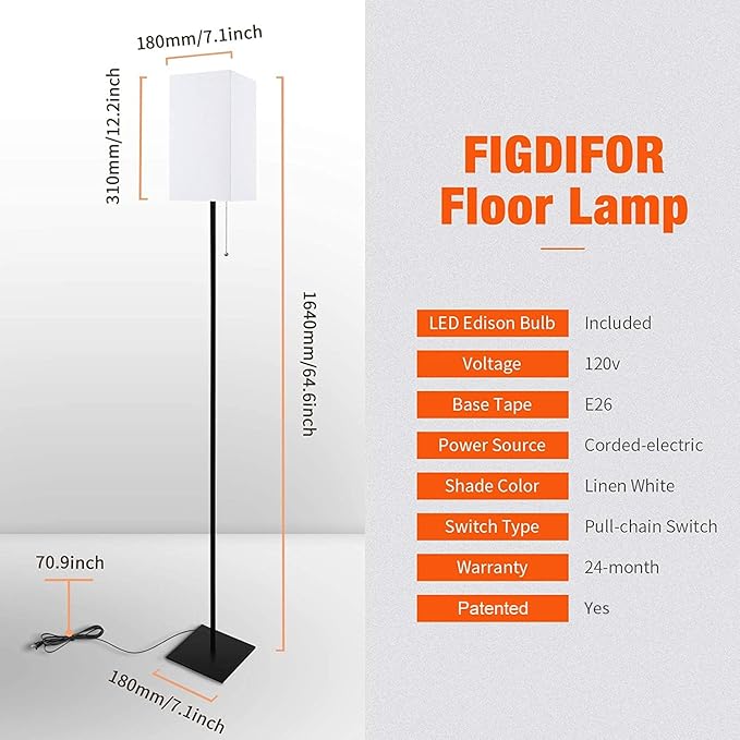 Floor Lamp for Living Room, Modern Standing Lamp for Bedroom with Linen Shade, Black Corner Floor Lamp for Office Kids Room, Bulb Included - Bloomnest