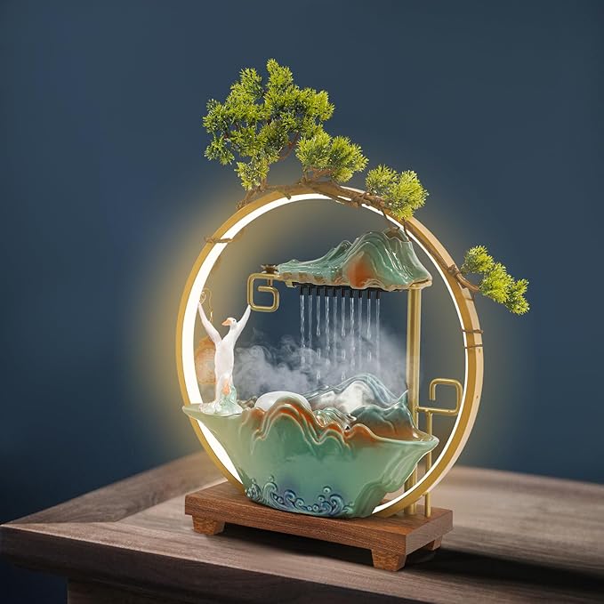 Tabletop Water Fountains, Indoor Water Fall with LED Light Zen Decor for Meditation with Mist, Japanese Decor with Fake Plants Feng Shui Decor for Good Luck Wealth - Bloomnest