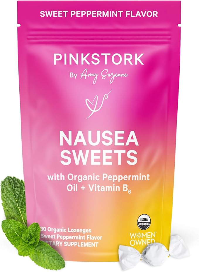 Pink Stork Organic Peppermint Sweets for Morning Sickness and Motion Sickness Support, Added Vitamin B6, 1st Trimester Pregnancy Must Haves - 30 Wrapped Peppermint Candies - Bloomnest