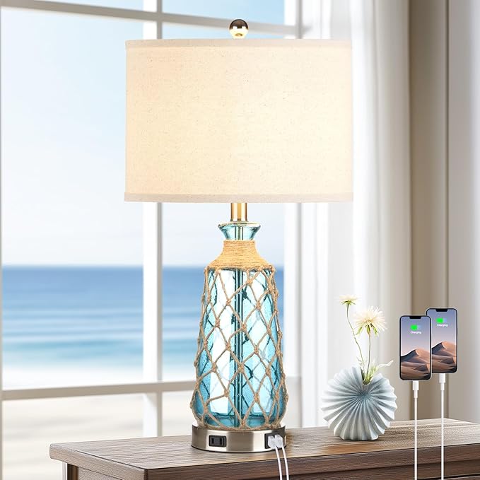 Coastal Glass Table Lamps, 3-Way Dimmable Touch Control Bedside Lamps with 2 USB Ports and AC Outlet, Teal Nautical Nightstand Lamps for Bedroom Living Room (LED Bulbs Included) - Bloomnest