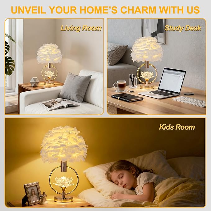 ZYLEIESENBAO Chic White Feather Lamp 17IN Modern Crystal Fluffy Table Lamp Cute Romantic Bedside Nightstand Light Nordic Furry Desk Lamp for Girl Bedroom Living Room Entry Office Hotel Party Wedding - Bloomnest