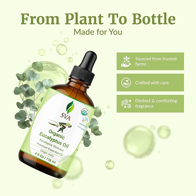 SVA Eucalyptus Essential Oil Organic – 4 Fl Oz – 100% Natural Organic Eucalyptus Oil - for Diffuser, Hair, Face, Skin Care, Aromatherapy, Scalp and Body Massage, Soap and Candle Making - with Dropper - Bloomnest