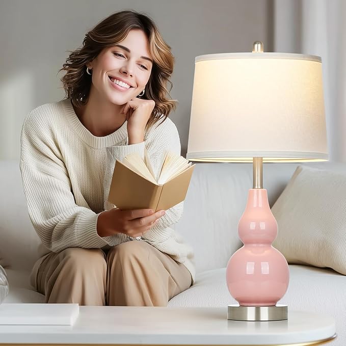 Pink Ceramic Lamps Set of 2, 25" Modern Double Gourd Ceramic Table Lamps for Living Room, Cute Bedside Nightstand Lamps with Fabric Shade for Bedroom End Table Home Office Girls Room(2 Bulbs Included) - Bloomnest