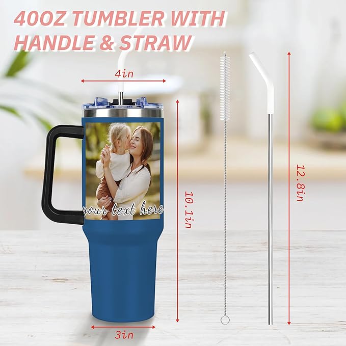 Personalized Tumbler with Handle and Straw Lid, Custom 40oz Tumblers with Picture, Logo, Text, Customized Stainless Steel Travel Coffee Cup for Women Men, Gifts for Birthday Christmas Anniversary - Bloomnest