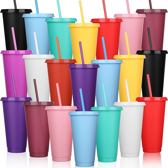 Honeydak 30 Pack Tumbler with Straw and Lid Bulk Water Bottle Iced Coffee Travel Mug Cup Reusable Plastic Cups for Party Birthdays 24-27 oz (Solid Color) - Bloomnest