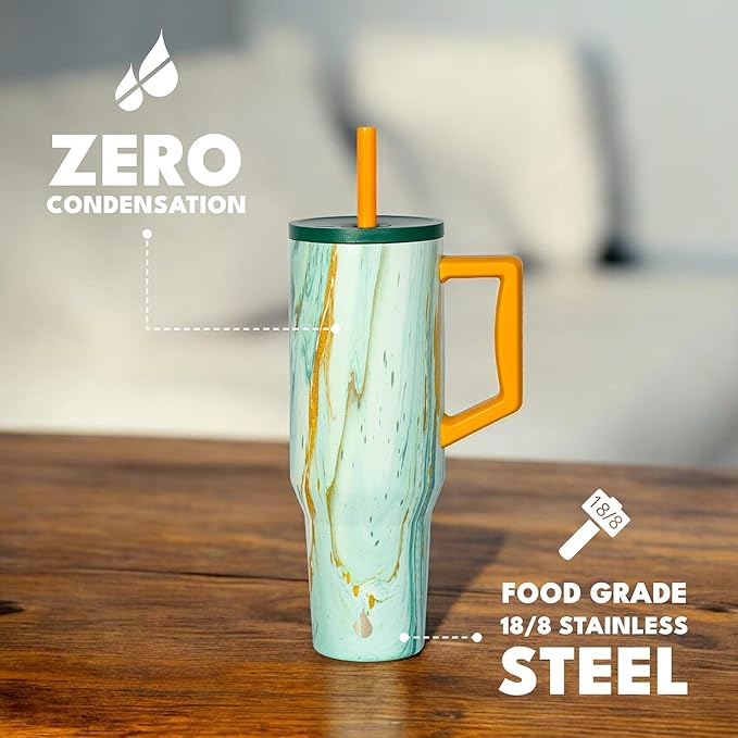 Elemental 40 oz Tumbler with Handle and Straw - Spill Proof Insulated Stainless Steel Commuter for Hot and Cold Beverages - Travel Coffee Mug with 2 Straws & Spill Proof Lid - 40oz - Aurora Glow - Bloomnest