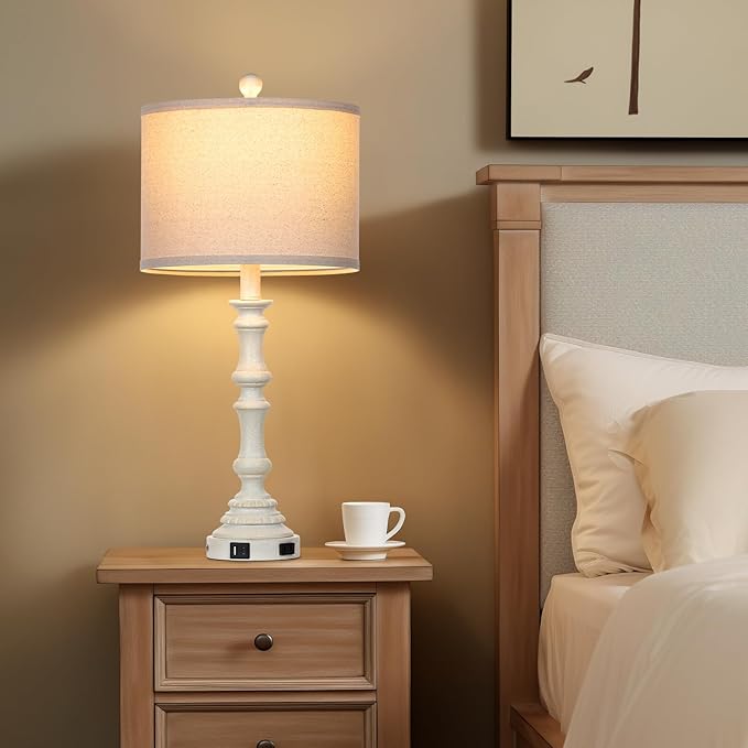 27.5" Farmhouse Table Lamps Set of 2 with USB C+A Ports & AC Outlet for Vintage Living Room Retro Bedroom,3-Way Dimmable Touch Lamp Resin Bedside Lamps for Nightstand Side End Table,White-1 - Bloomnest