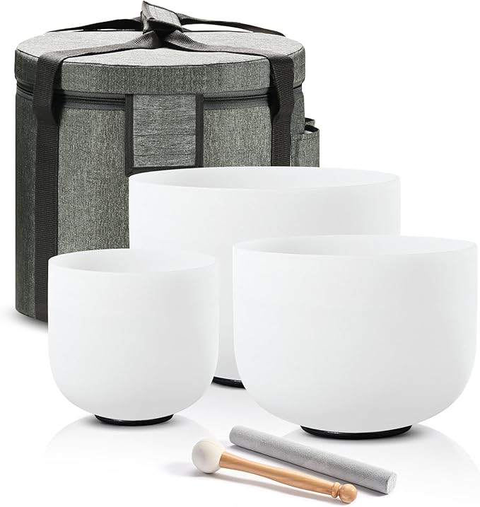 CVNC 440HZ 6"A+8"F+10"C Frosted Quartz Crystal Singing Bowl Chakra Set of 3 with Carry Case Bag - Bloomnest