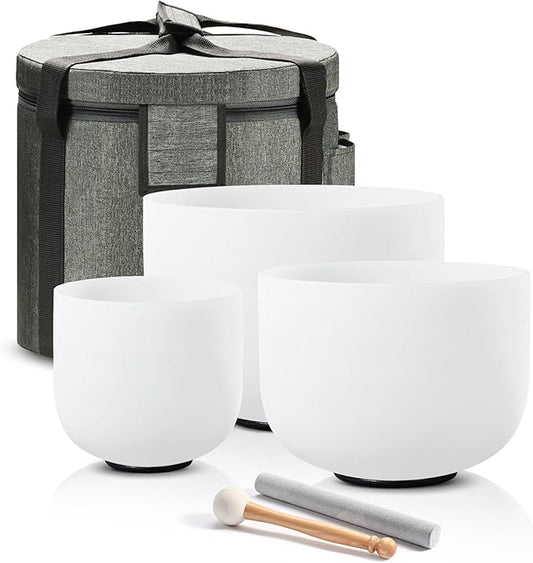 CVNC 440HZ 6"A+8"F+10"C Frosted Quartz Crystal Singing Bowl Chakra Set of 3 with Carry Case Bag - Bloomnest