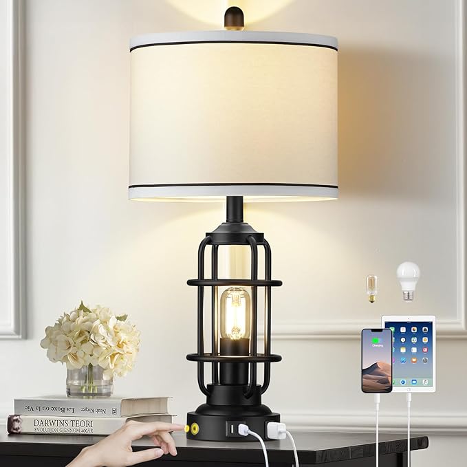 26" Modern Lamp for Living Room, Industrial 3-Way Dimmable Beside Table Lamp with USB A+C Charging Ports & AC Outlet, Touch Control Beside Lamp LED Night Light for Bedroom Single(2 Bulbs Included) - Bloomnest