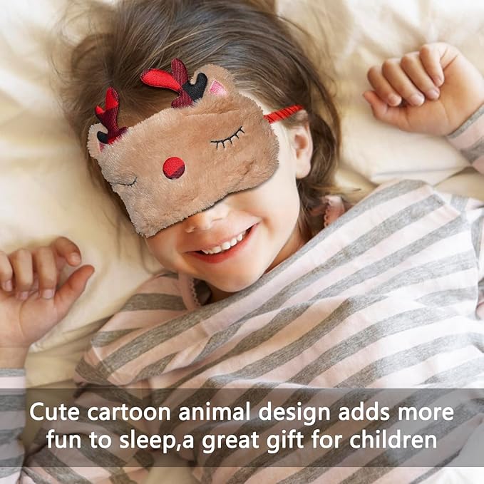 Cute Animal Sleeping Mask Sleep Mask, Xmas Reindeer Soft Plush Eye Mask for Travel Nap Funny Rudolph Blindfold Eye Cover Eyeshade for Adult Kids Girls Teens Men Women - Reindeer, Red & Brown - Bloomnest