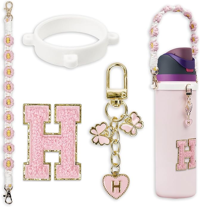 Compatible with Owala Water Bottle Accessories, Cute Letter Charm Set with Boho Handle Strap, Monogram Sticker, Silicone Ring, Keychain Decoration, for FreeSip 24 32 40oz, Owala Kids, Tumbler Gift SITKOL