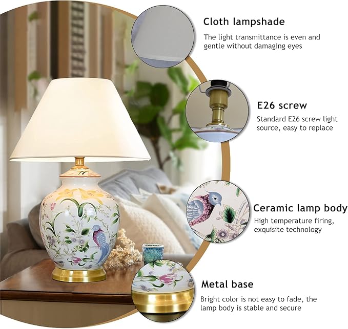 Chinoiserie Ceramic LED Table Lamp, American Flower&Bird Bedside Lamp, Classic White Fabric Lampshade Desk Nightstand Lamp for Bedroom Living Room Office College Bookcase - Bloomnest
