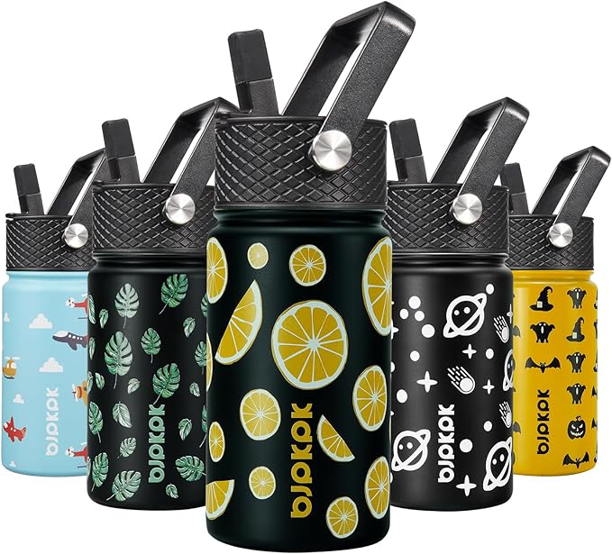 BJPKPK Water Bottle with Straw Lid, 15 oz Insulated Water Bottle, Stainless Steel Metal Water Bottles, Reusable Leak Proof BPA Free Thermo, Flask, Cups,Lemon - Bloomnest