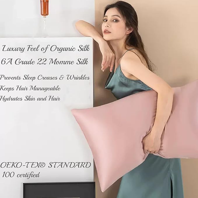 100% Mulberry Silk Pillowcase with Zipper Made in USA, Real 22 Momme Silk Pillow Cases Queen for Hair and Skin, NOT Satin Pillowcase, Anti Acne, Anti Aging, 1 Pc 20"x30" (Queen, Dusty Rose) - Bloomnest