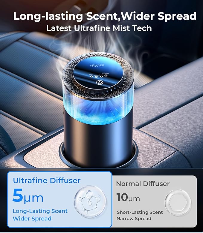Smart Car Air Fresheners, Ambient Light & Mist Fragrance, Auto On/Off Car Air Freshener Diffuser, Adjustable Intensity, Lasts 6 Months, Built-in Battery, Premium Scents Refill X2 - Cedarwood - Bloomnest