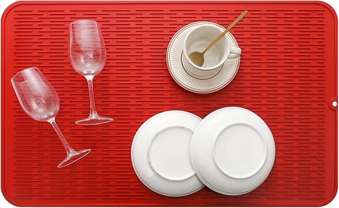 Silicone Dish Drying Mat for Multiple Usage,Easy clean,Eco-friendly,Heat-resistant Silicone Mat for Kitchen Counter or Sink,Refrigerator or Drawer Liner Red 3XL 28 inches x 18 inches - Bloomnest