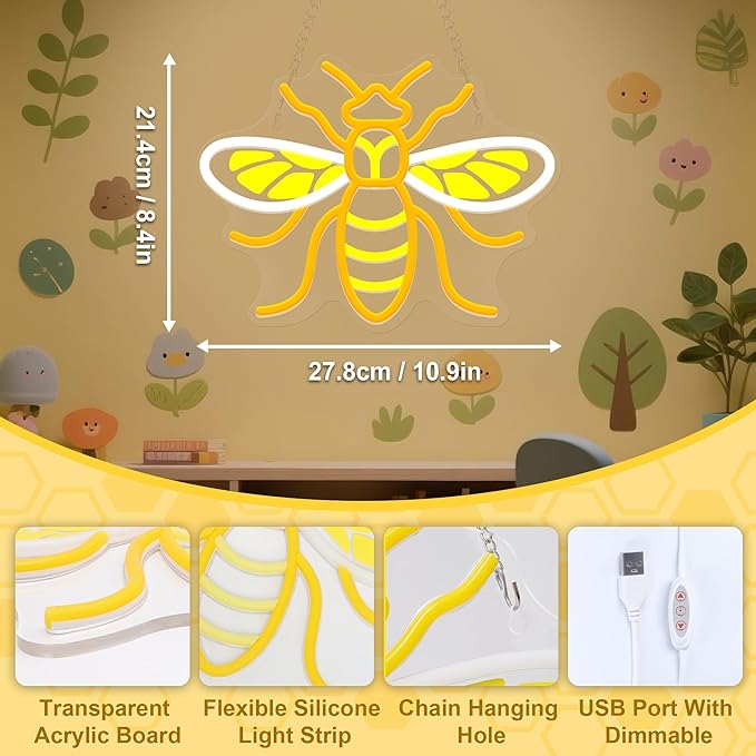 Attivolife Bumble Bee Neon Sign for Wall Decor, Light up LED Animal Neon Lamp with Dim USB Powered, Home Bedroom Classroom Party Stuff, Birthday Xmas Gifts for Kid Girl Boy Beekeeper - Bloomnest