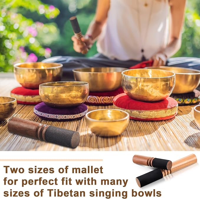 Nuanchu 2 Pieces Tibetan Singing Bowl Mallet Suede Wooden Striker Leather Wrapped Meditation Mallet Sound Bowl Stick Buddha Musical Instruments for Buddhist Meditation Yoga Chime (Black and Brown) - Bloomnest