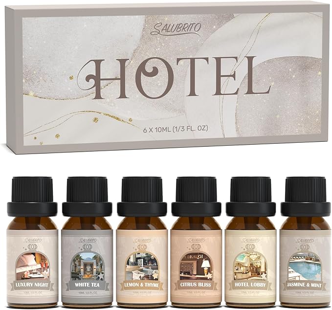 SALUBRITO Hotel Fragrance Oil Set, Luxury Essential Oil Set for Diffuser, Candle, Soap Making Scents, Luxury Night, White Tea, Lemon & Thyme, Citrus Bliss, Hotel Lobby, Jasmine & Mint, Strong Scented - Bloomnest