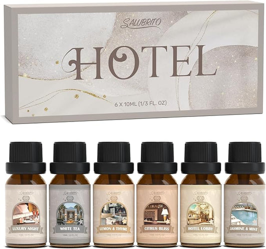SALUBRITO Hotel Fragrance Oil Set, Luxury Essential Oil Set for Diffuser, Candle, Soap Making Scents, Luxury Night, White Tea, Lemon & Thyme, Citrus Bliss, Hotel Lobby, Jasmine & Mint, Strong Scented - Bloomnest