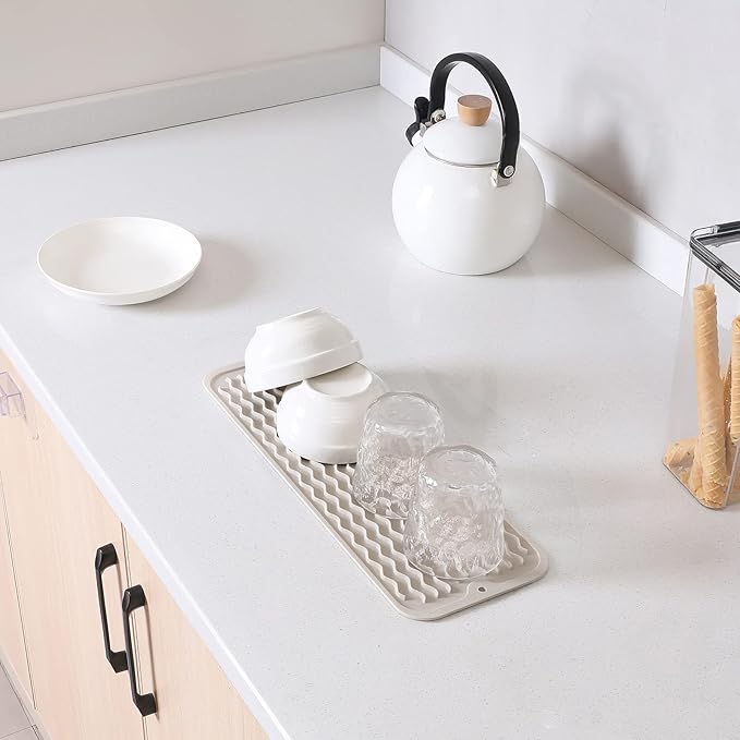 Silicone Dish Drying Mat for Multiple Usage,Easy clean,Eco-friendly,Heat-resistant Silicone Mat for Kitchen Counter,Sink,Bar,Bottle,or Cup Tapioca M 17 inches x 6 inches - Bloomnest